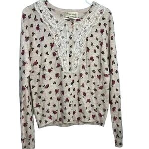 Flying Tomato Cardigan Womens L Pink Floral Lace Bib Angora Blend Sweater Shabby